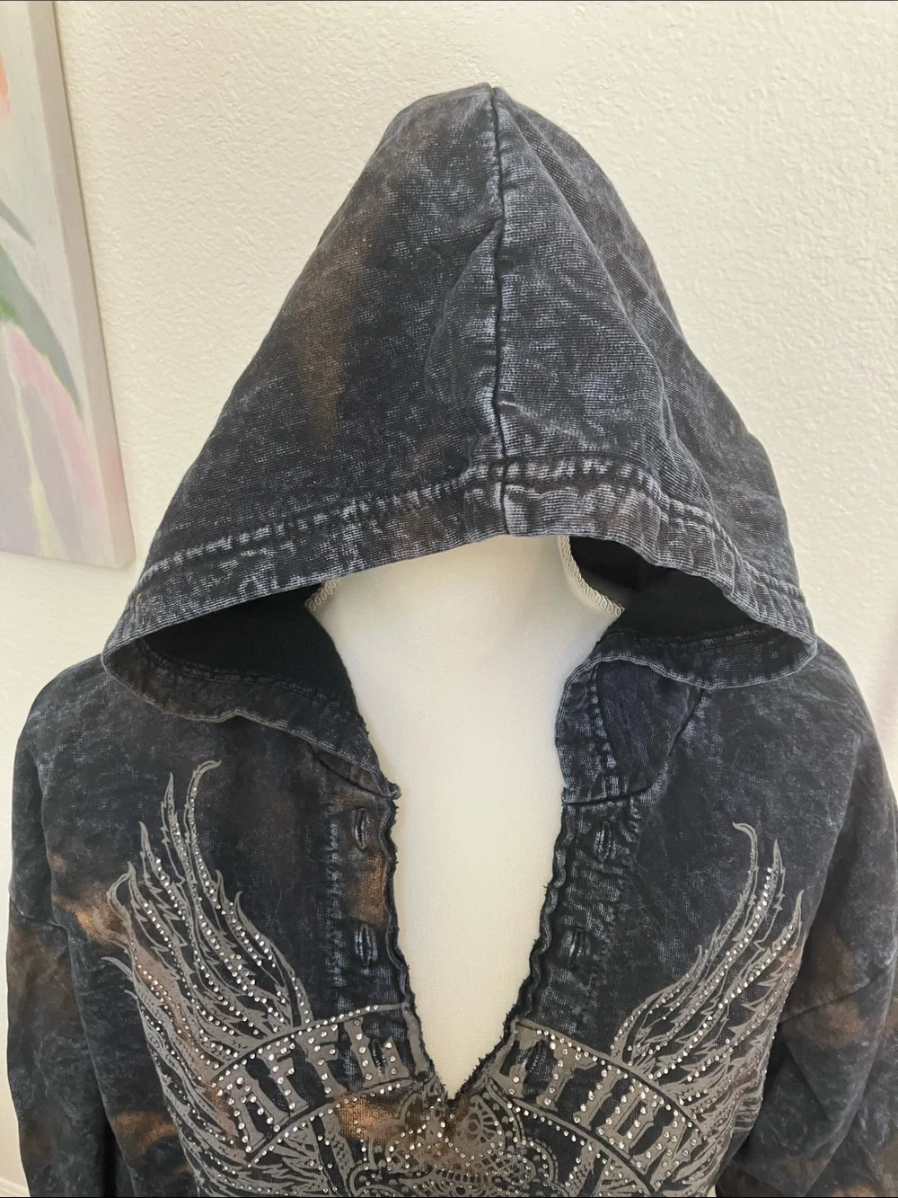 Affliction Women’s Black Distressed Hooded Sweatshirt Embellished Wing Design